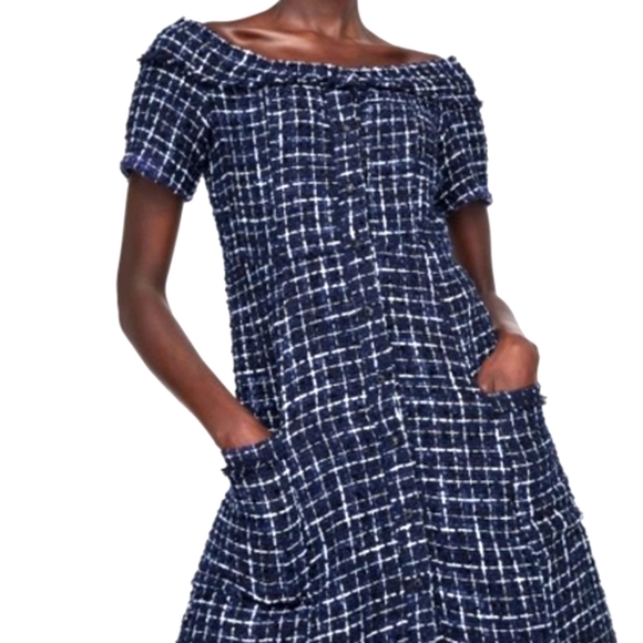 Zara Boucle Tweed Off Shoulder Navy Blue & White Midi Dress Sz: Medium - Picture 1 of 15